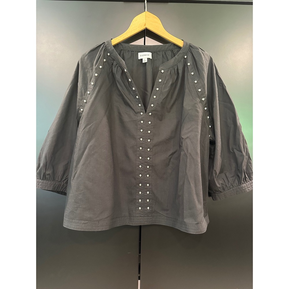 Evereve Celina Black  Studded Blouse Balloon Sleeve Cotton Blend Large